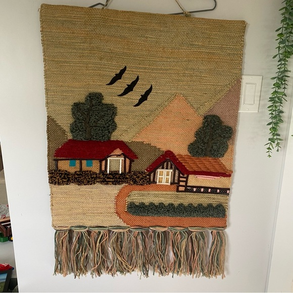 Vintage Other - VTG 70s Mexican Wool Wall Hanging Tapestry Boho Landscape 3D Textures 22”x33”